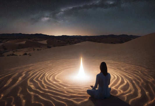 Contact with Aliens, a woman sitting in a meditative pose in a swirled pattern of sand with a strange pyramid of brilliant light emanating from the center of the sand circle.